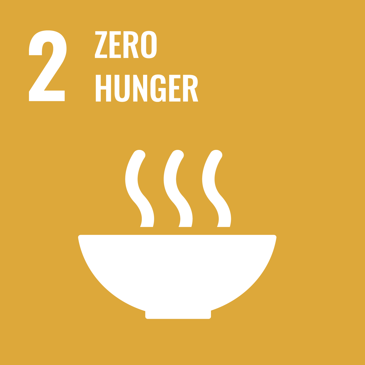 Yellow graphic with the number 2, the words "Zero Hunger," and a white steaming bowl, representing the UN's Sustainable Development Goal 2.