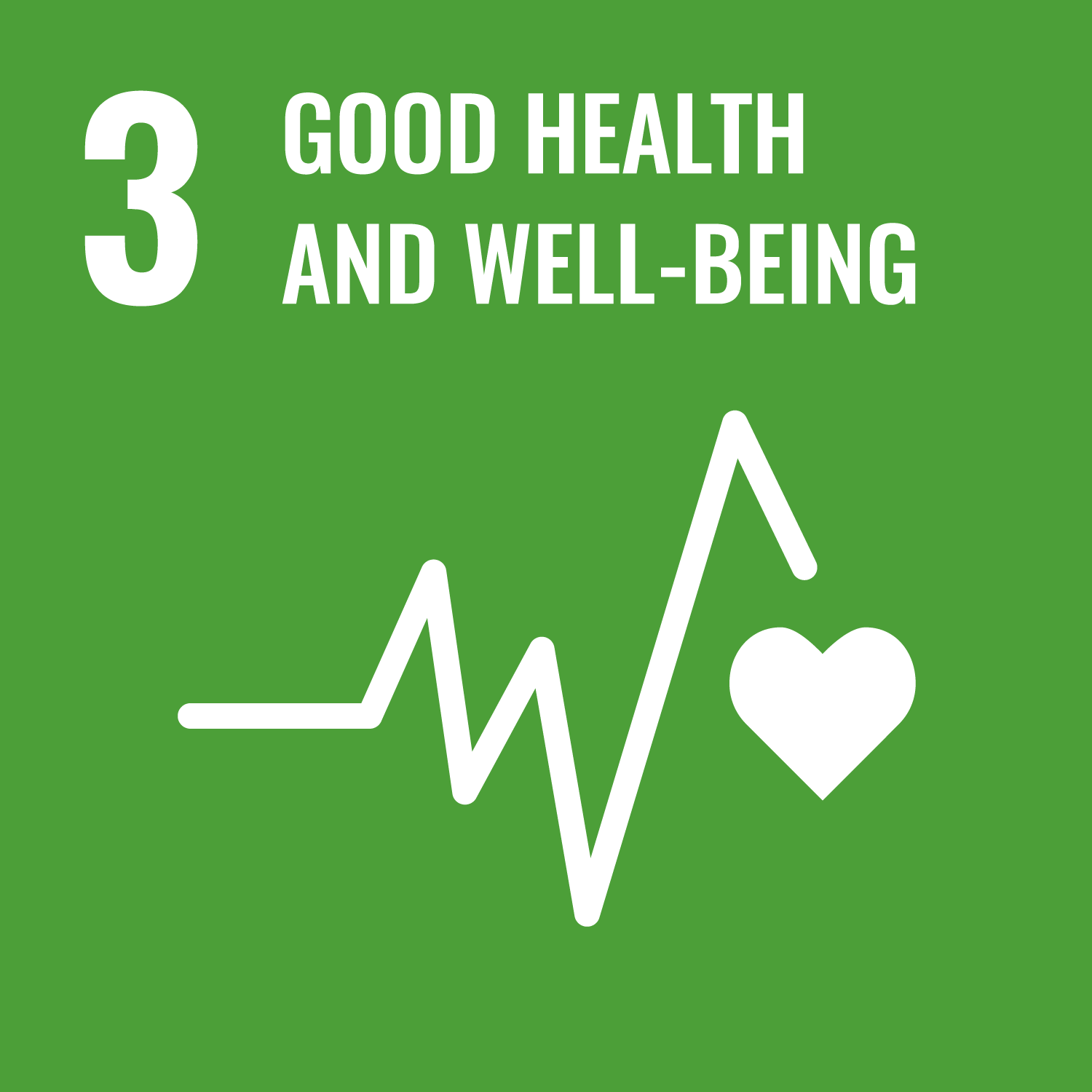 Green background with large number 3, text "Good Health and Well-Being," and a white heartbeat line ending in a heart symbol.