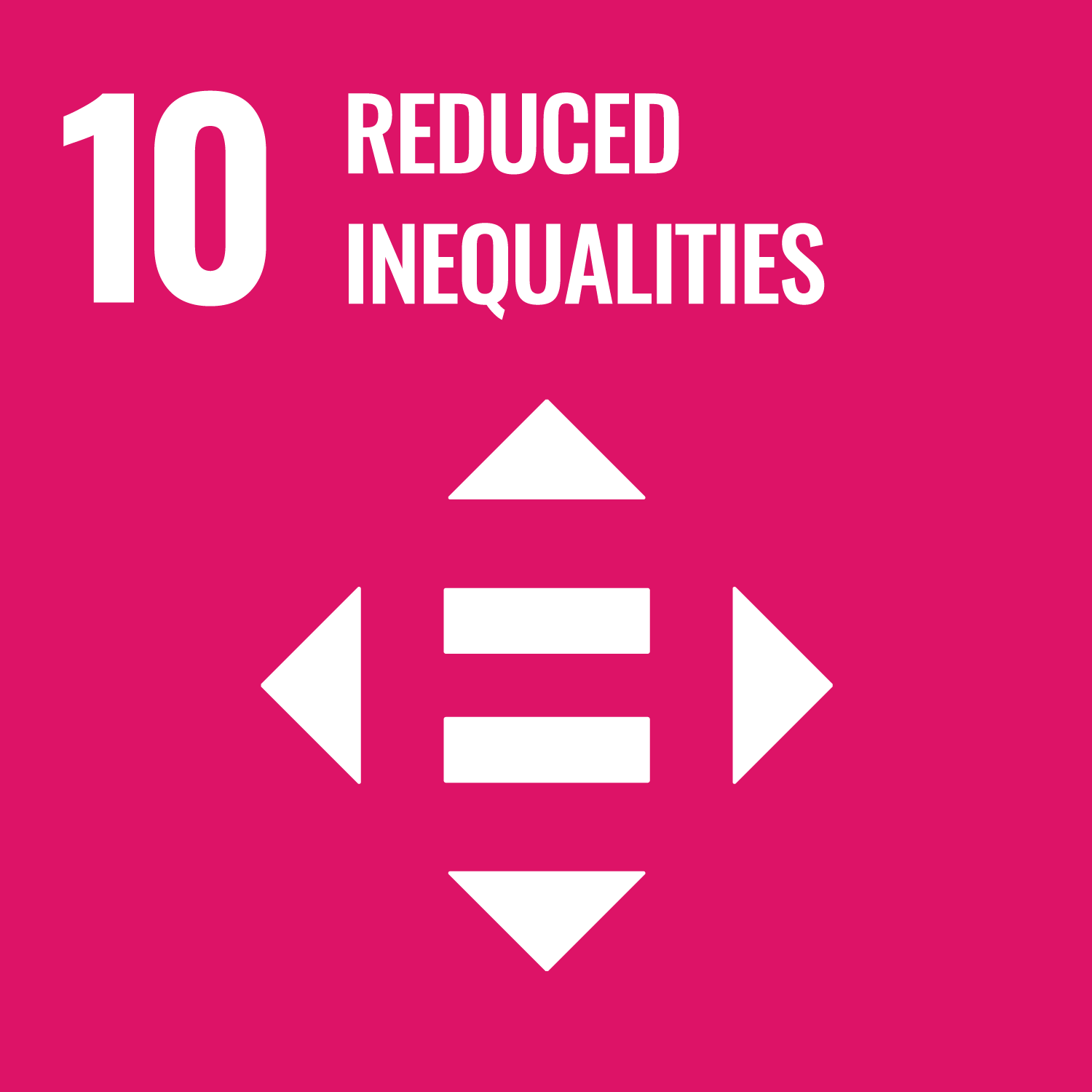 White number 10, text "Reduced Inequalities," and symbol of arrows and equals sign on a pink background, representing the UN Sustainable Development Goal 10.