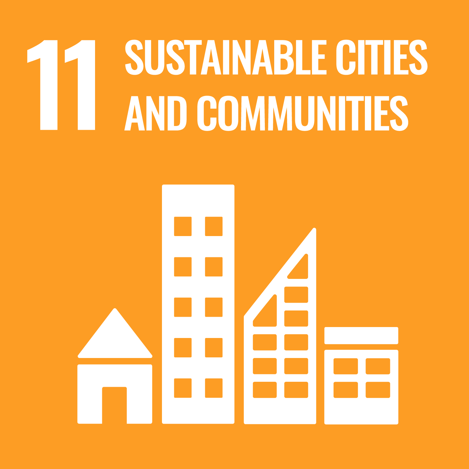 White icons of four buildings on an orange background with text: "11 Sustainable Cities and Communities.