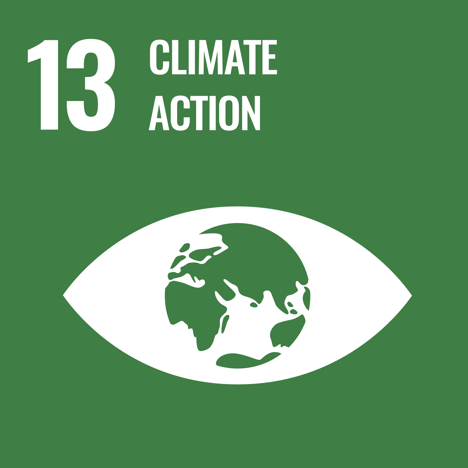 Green graphic with “13 Climate Action” text and a white eye shape in the center containing an illustration of the Earth, symbolizing climate awareness and action.