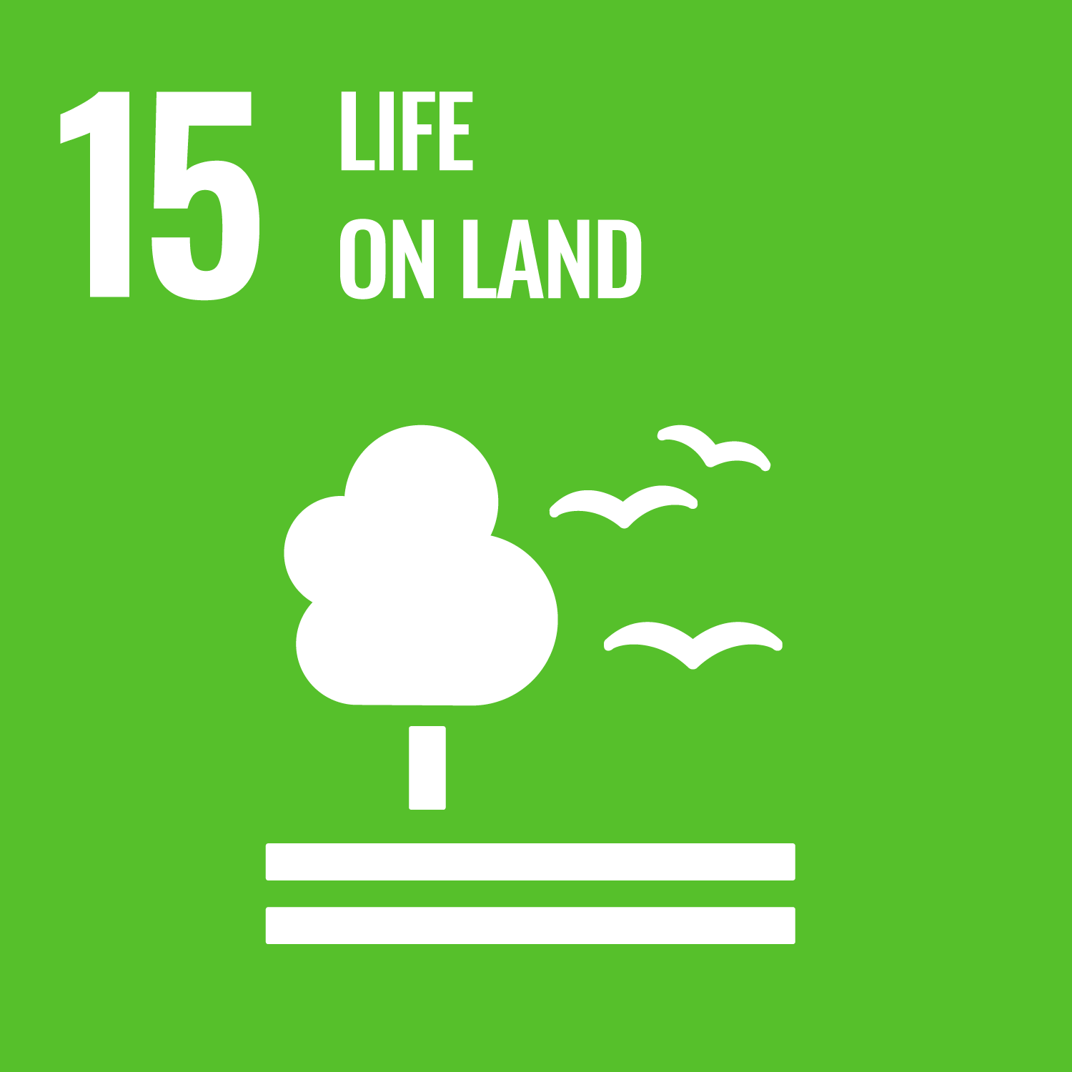 White tree and birds icon with “15 LIFE ON LAND” text on a green background, representing the United Nations Sustainable Development Goal 15.
